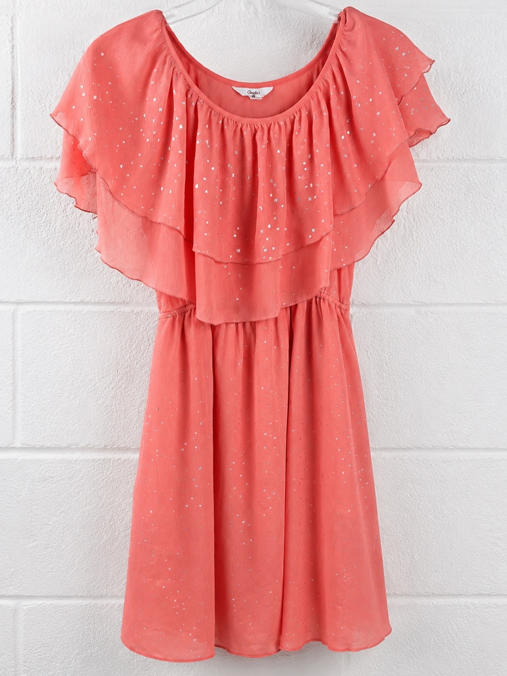 Candie’s Coral Peach Metallic Speckled Ruffle Chiffon Dress M